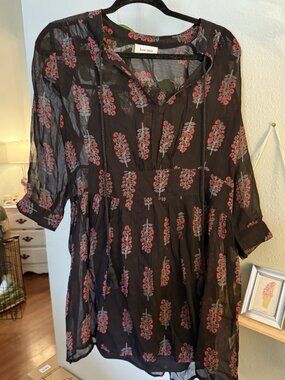 Boemo Boho Block Print Tunic Dress Black Red Floral Tassel Tie Neck Large NWOT